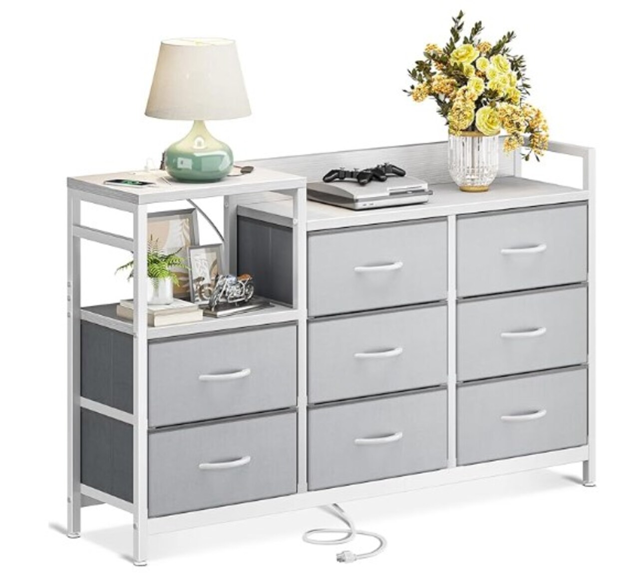 Dresser with Charging Station for Bedroom, 52'' Long Dresser TV Stand with 8 Drawers, White and Light Grey